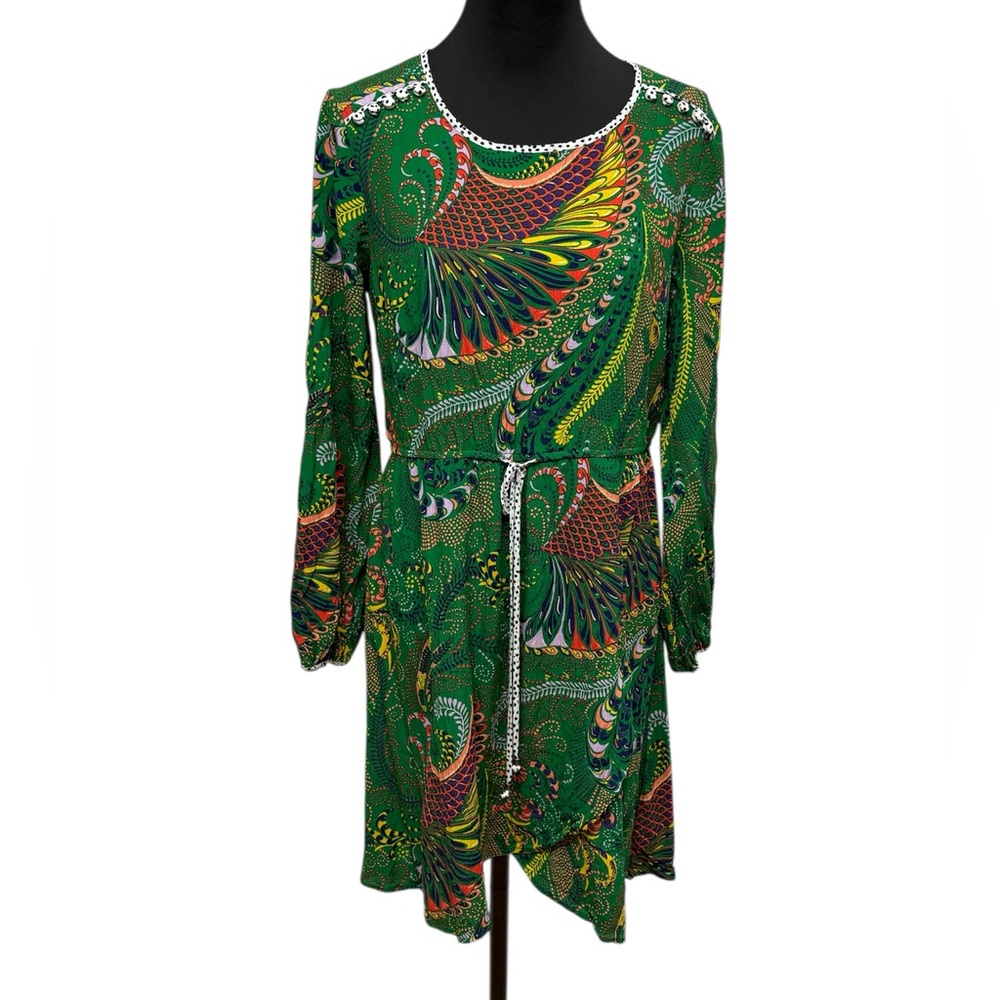 Maeve Anthropologie Size 16 Green Boho Print Bishop Sleeve Dress Viscose